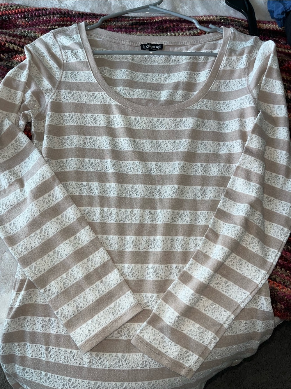 Vintage Express Beige and White Striped Lace-Detail Long Sleeve Top